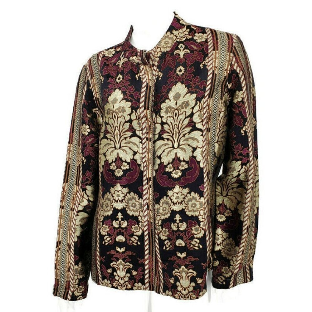 Citron Jacket Womens Medium Silk Rayon Brocade Magnetic Closure Mandarin Collar